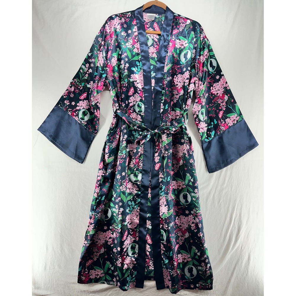 Bridgerton Izzy & Liv Floral Satin Robe Navy Pink Silhouette Cameo M/L